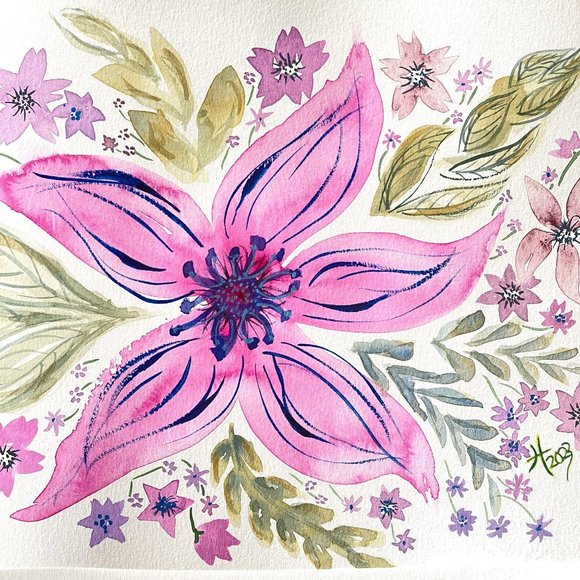 Happily Pink - Original Wall Art Handmade Watercolor Flower Artist Signed Painti - Picture 1 of 10